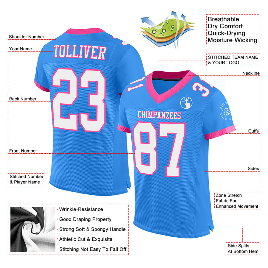 Custom Powder Blue White-Pink Mesh Authentic Football Jersey