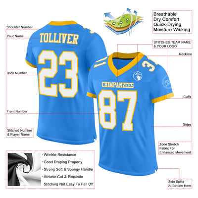 Custom Powder Blue White-Gold Mesh Authentic Football Jersey