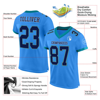 Custom Powder Blue Navy Gray-Teal Mesh Authentic Football Jersey