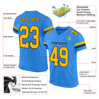 Custom Powder Blue Gold-Black Mesh Authentic Football Jersey