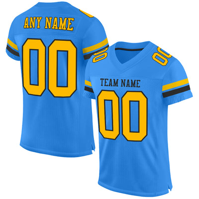 Custom Powder Blue Gold-Black Mesh Authentic Football Jersey