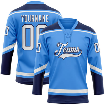 Custom Powder Blue White-Navy Hockey Lace Neck Jersey