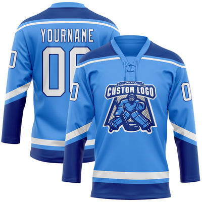 Custom Powder Blue White-Royal Hockey Lace Neck Jersey