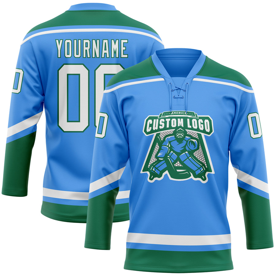 Custom Powder Blue White-Kelly Green Hockey Lace Neck Jersey