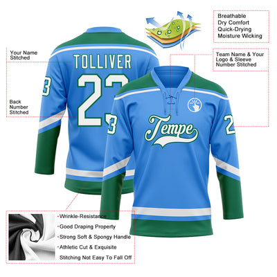 Custom Powder Blue White-Kelly Green Hockey Lace Neck Jersey