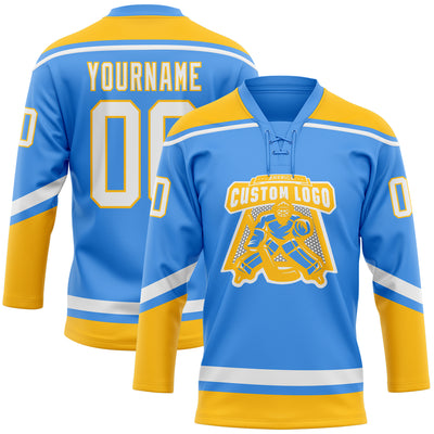 Custom Powder Blue White-Gold Hockey Lace Neck Jersey