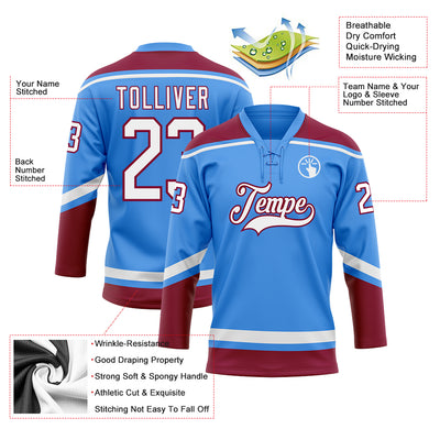 Custom Powder Blue White-Maroon Hockey Lace Neck Jersey