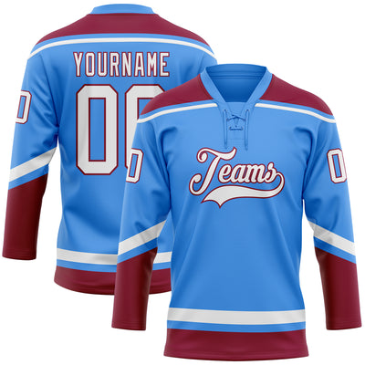 Custom Powder Blue White-Maroon Hockey Lace Neck Jersey