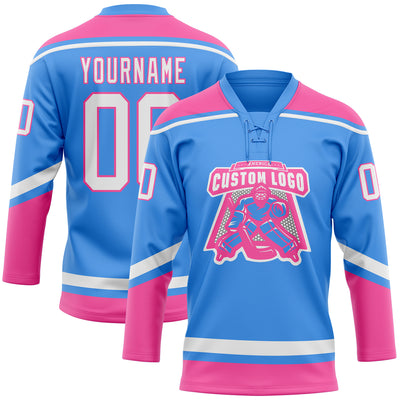 Custom Powder Blue White-Pink Hockey Lace Neck Jersey