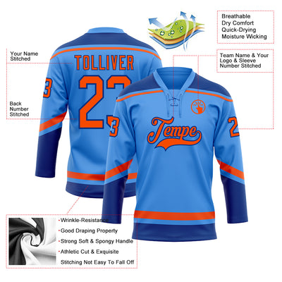 Custom Powder Blue Orange-Royal Hockey Lace Neck Jersey