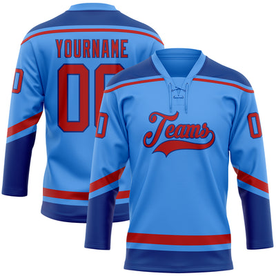 Custom Powder Blue Red-Royal Hockey Lace Neck Jersey