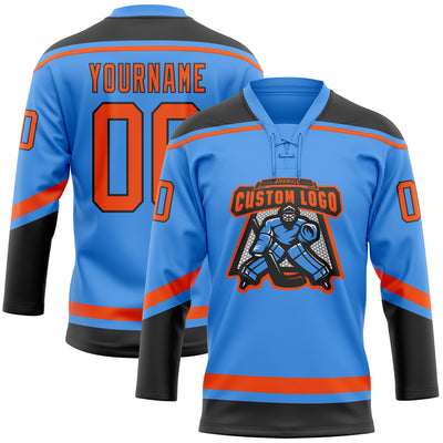 Custom Powder Blue Orange-Black Hockey Lace Neck Jersey