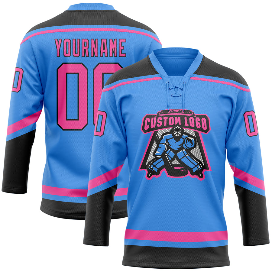 Custom Powder Blue Pink-Black Hockey Lace Neck Jersey