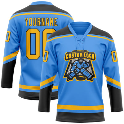 Custom Powder Blue Gold-Black Hockey Lace Neck Jersey