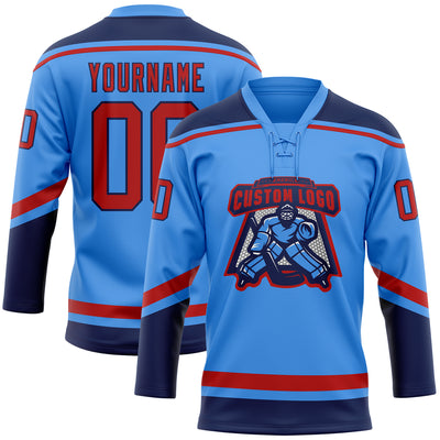 Custom Powder Blue Red-Navy Hockey Lace Neck Jersey