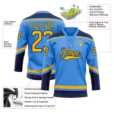 Custom Powder Blue Gold-Navy Hockey Lace Neck Jersey