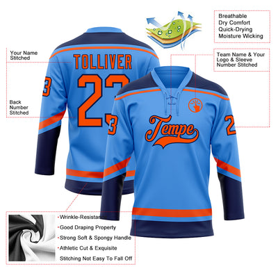 Custom Powder Blue Orange-Navy Hockey Lace Neck Jersey