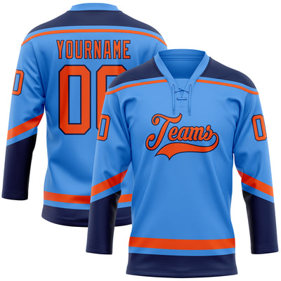 Custom Powder Blue Orange-Navy Hockey Lace Neck Jersey