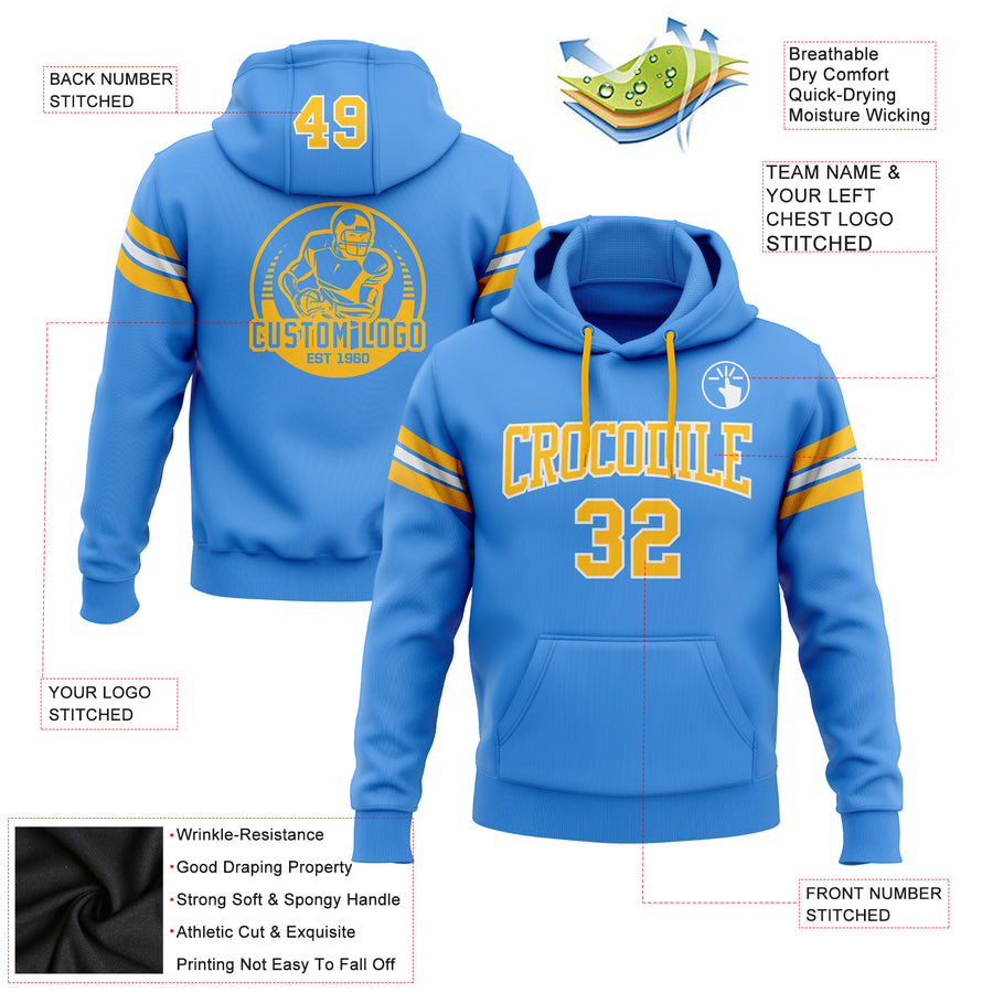 Custom Stitched Powder Blue Gold-White Football Pullover Sweatshirt Hoodie