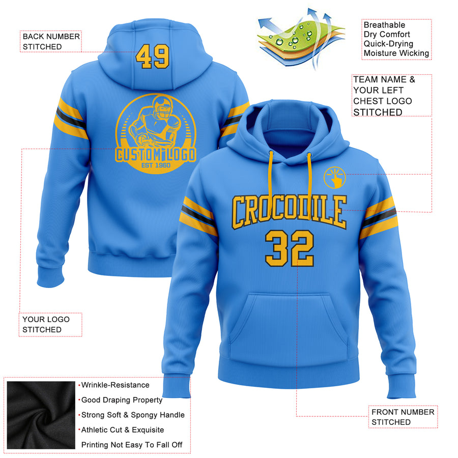 Custom Stitched Powder Blue Gold-Black Football Pullover Sweatshirt Hoodie