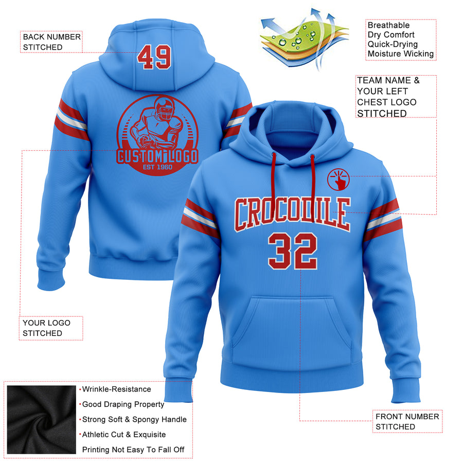 Custom Stitched Powder Blue Red-White Football Pullover Sweatshirt Hoodie