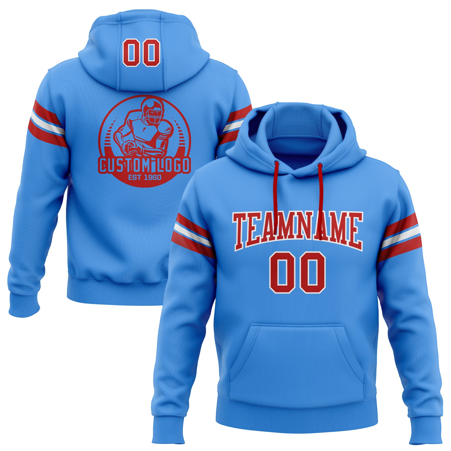 Custom Stitched Powder Blue Red-White Football Pullover Sweatshirt Hoodie