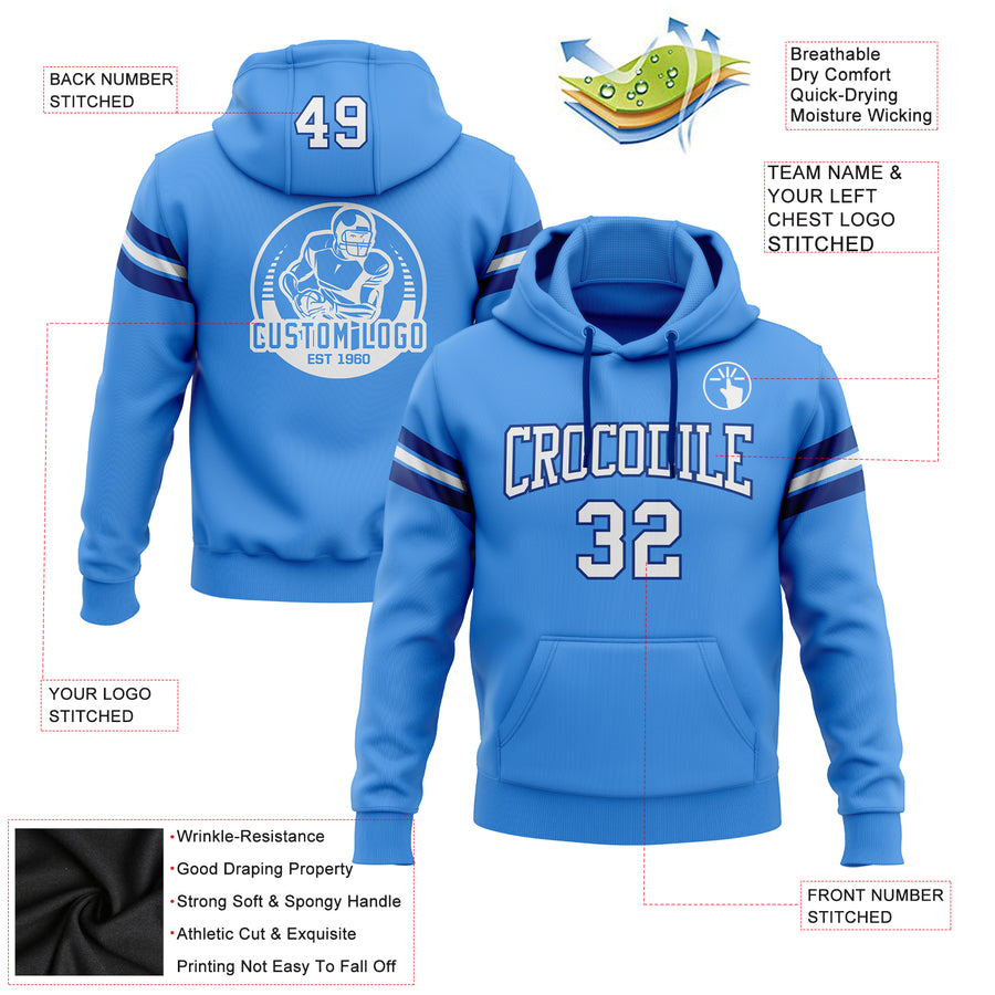 Custom Stitched Powder Blue White-Royal Football Pullover Sweatshirt Hoodie