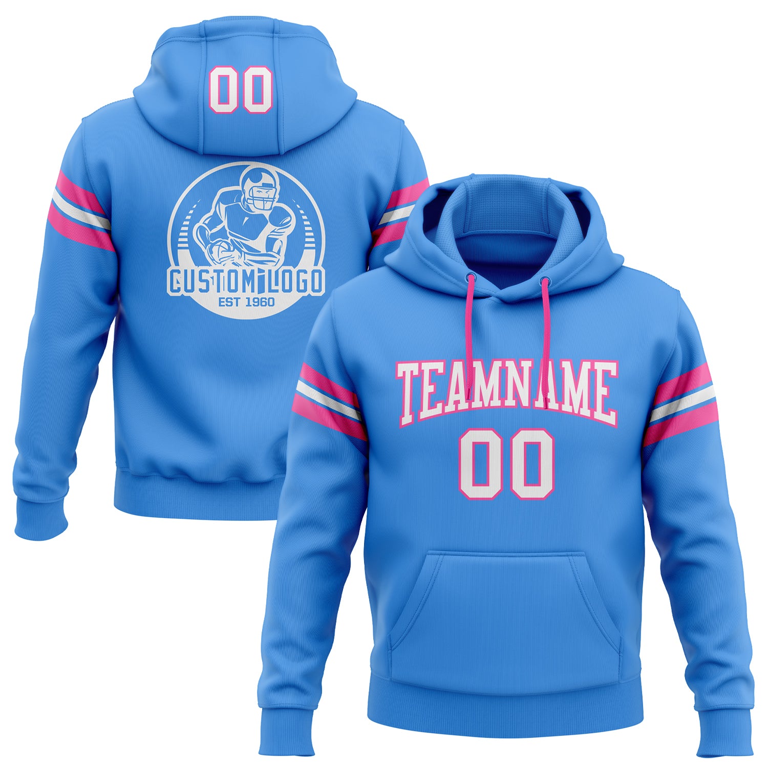 Custom Stitched Electric Blue White Pink Football Pullover