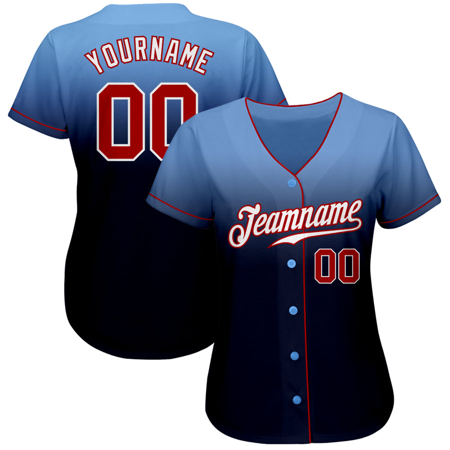 Custom Light Blue Red-Navy Authentic Fade Fashion Baseball Jersey