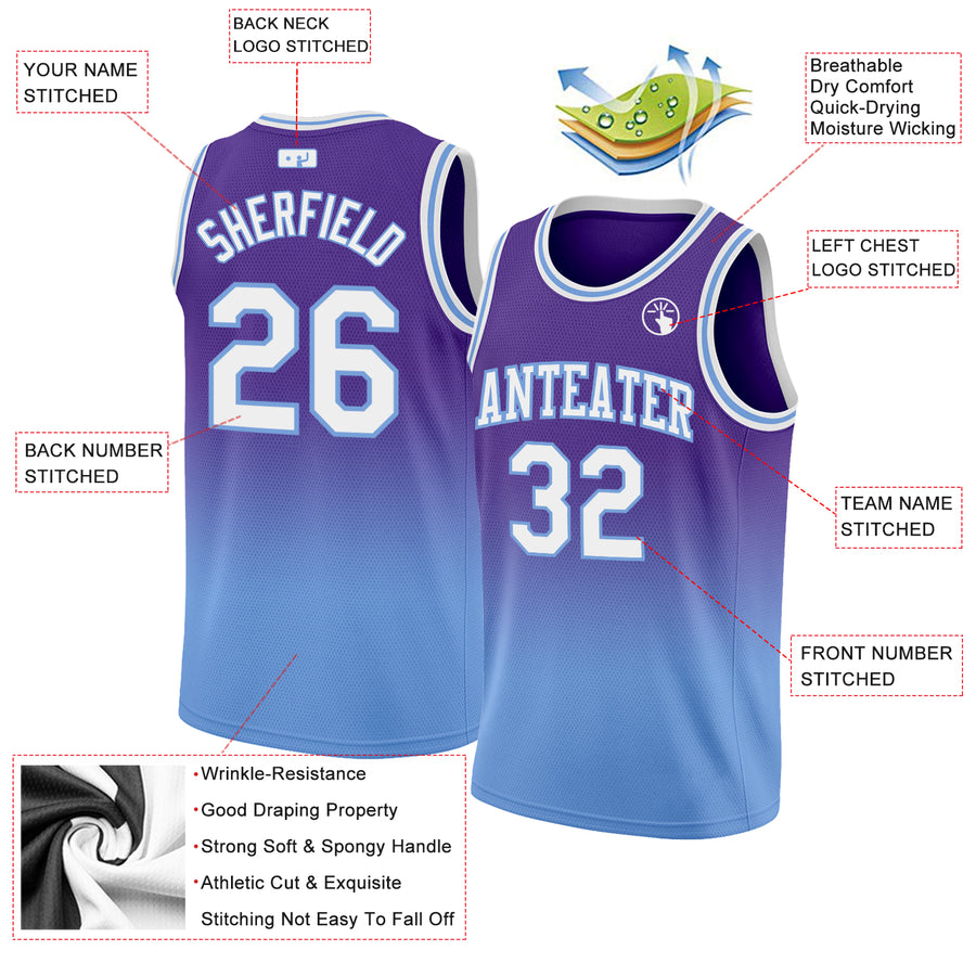 Custom Purple White-Light Blue Authentic Fade Fashion Basketball Jersey