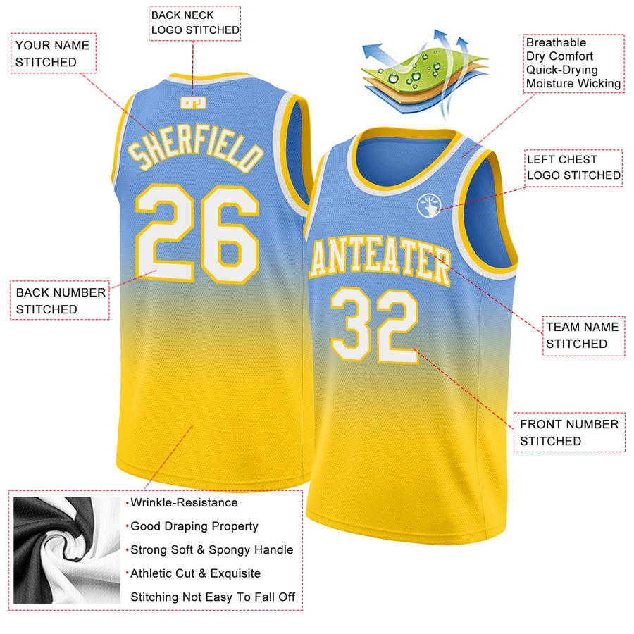 Custom Light Blue White-Gold Authentic Fade Fashion Basketball Jersey