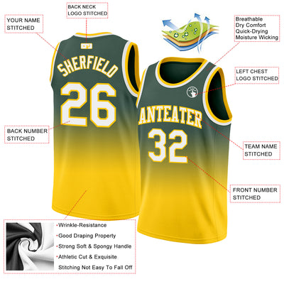 Custom Hunter Green White-Gold Authentic Fade Fashion Basketball Jersey