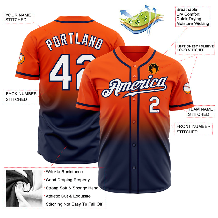 Custom Orange White-Navy Authentic Fade Fashion Baseball Jersey