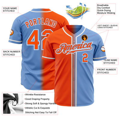 Custom Light Blue Orange-White Authentic Gradient Fashion Baseball Jersey