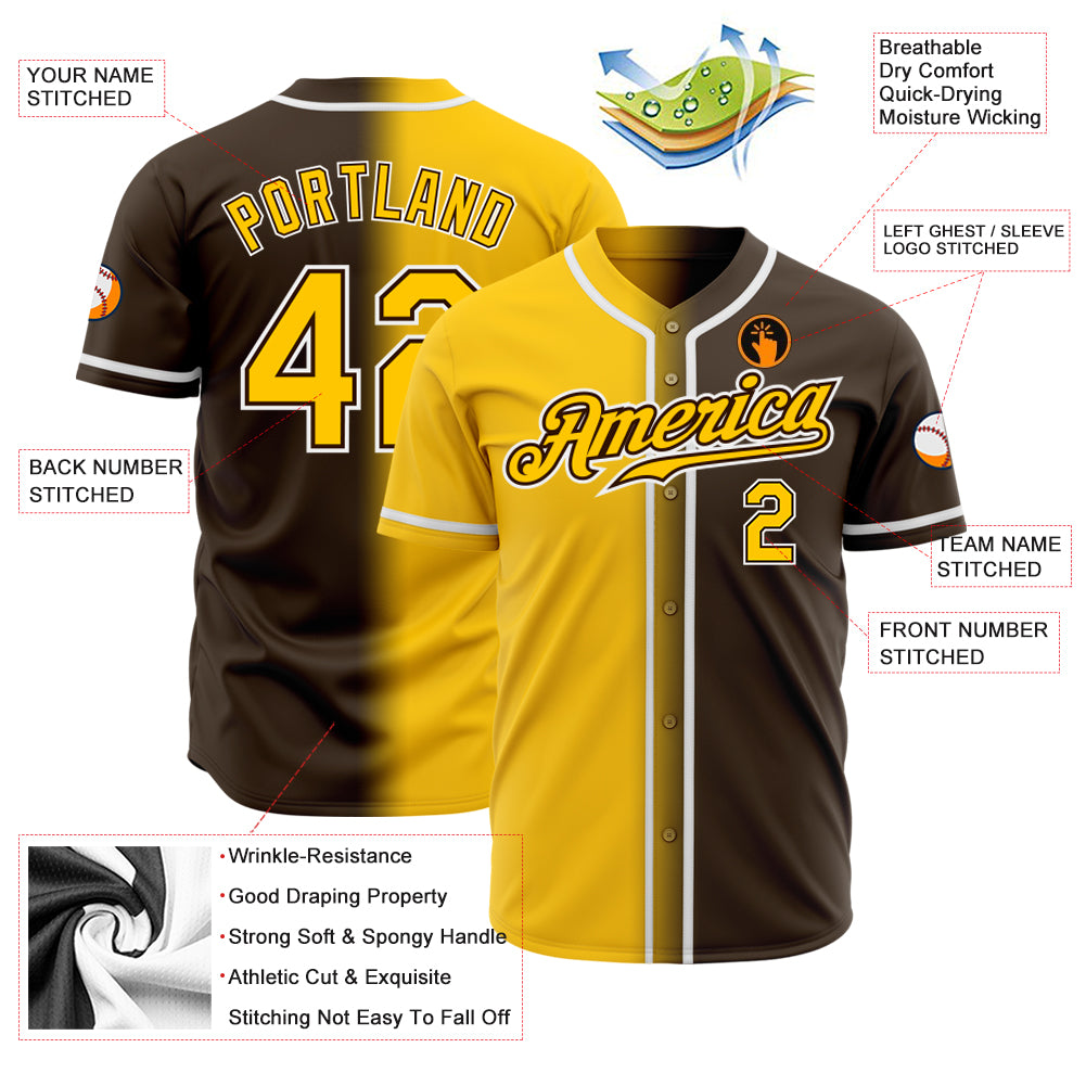 Custom Baseball Jersey Brown Gold-White Authentic Fade Fashion