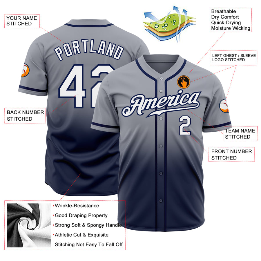 Custom Gray White-Navy Authentic Fade Fashion Baseball Jersey