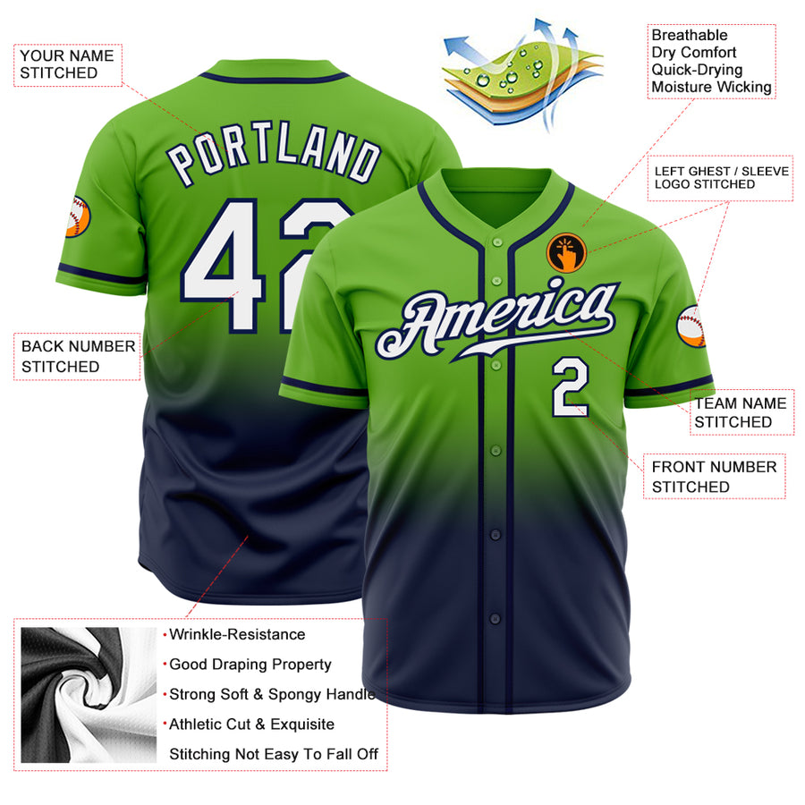 Custom Neon Green White-Navy Authentic Fade Fashion Baseball Jersey