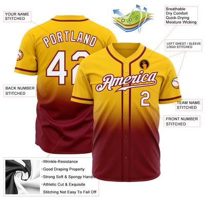 Custom Yellow White-Crimson Authentic Fade Fashion Baseball Jersey