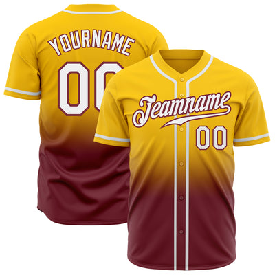 Custom Yellow White-Burgundy Authentic Fade Fashion Baseball Jersey