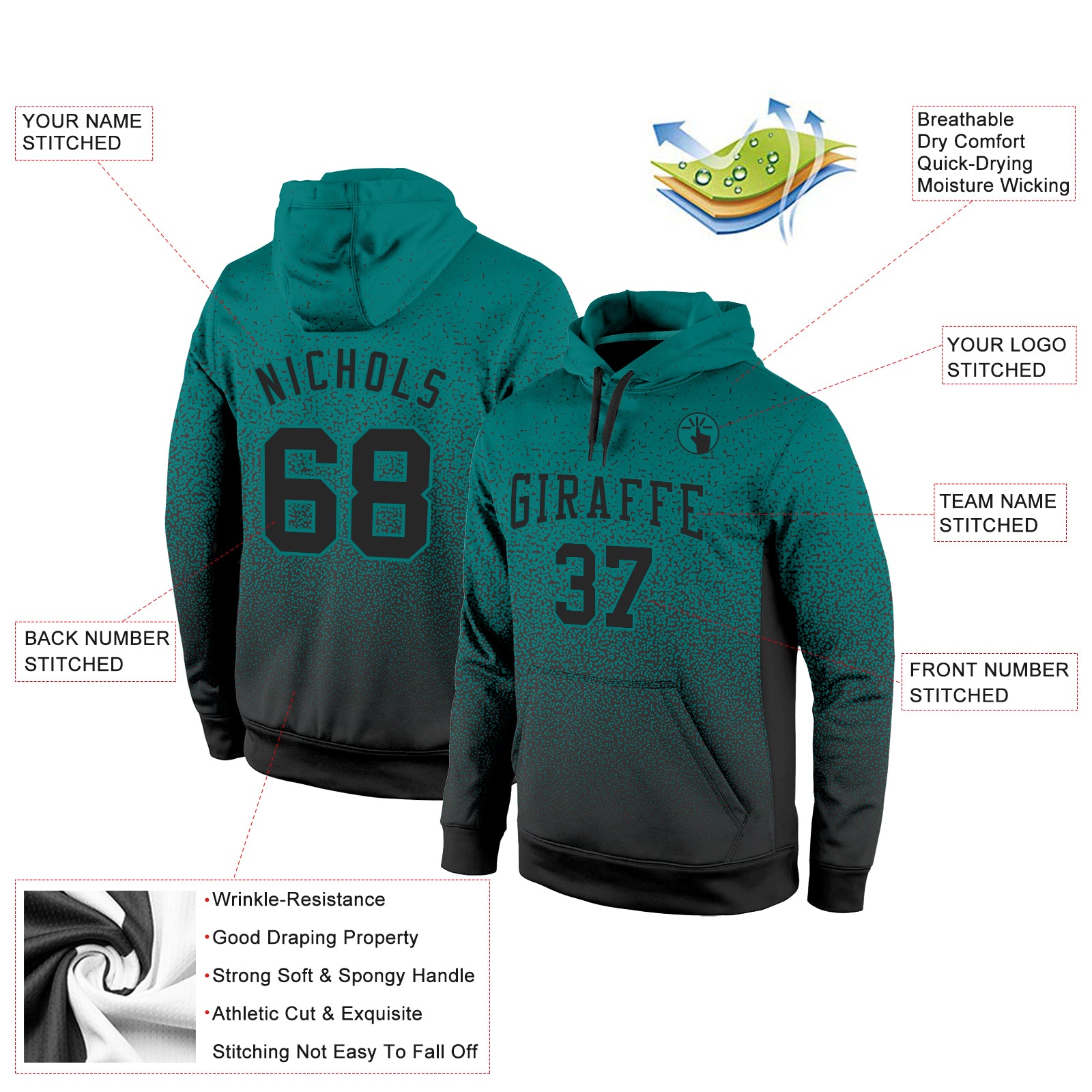 Custom Stitched Aqua Black Fade Fashion Sports Pullover Sweatshirt Hoodie