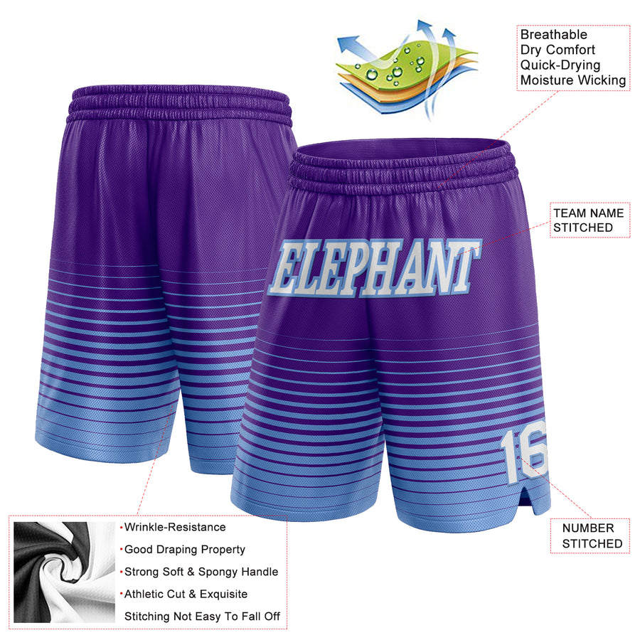 Custom Purple White-Light Blue Pinstripe Fade Fashion Authentic Basketball Shorts