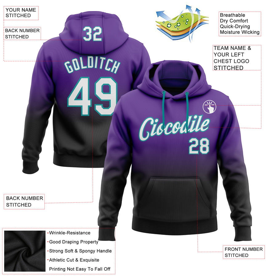 Custom Stitched Purple White Black-Teal Fade Fashion Sports Pullover Sweatshirt Hoodie