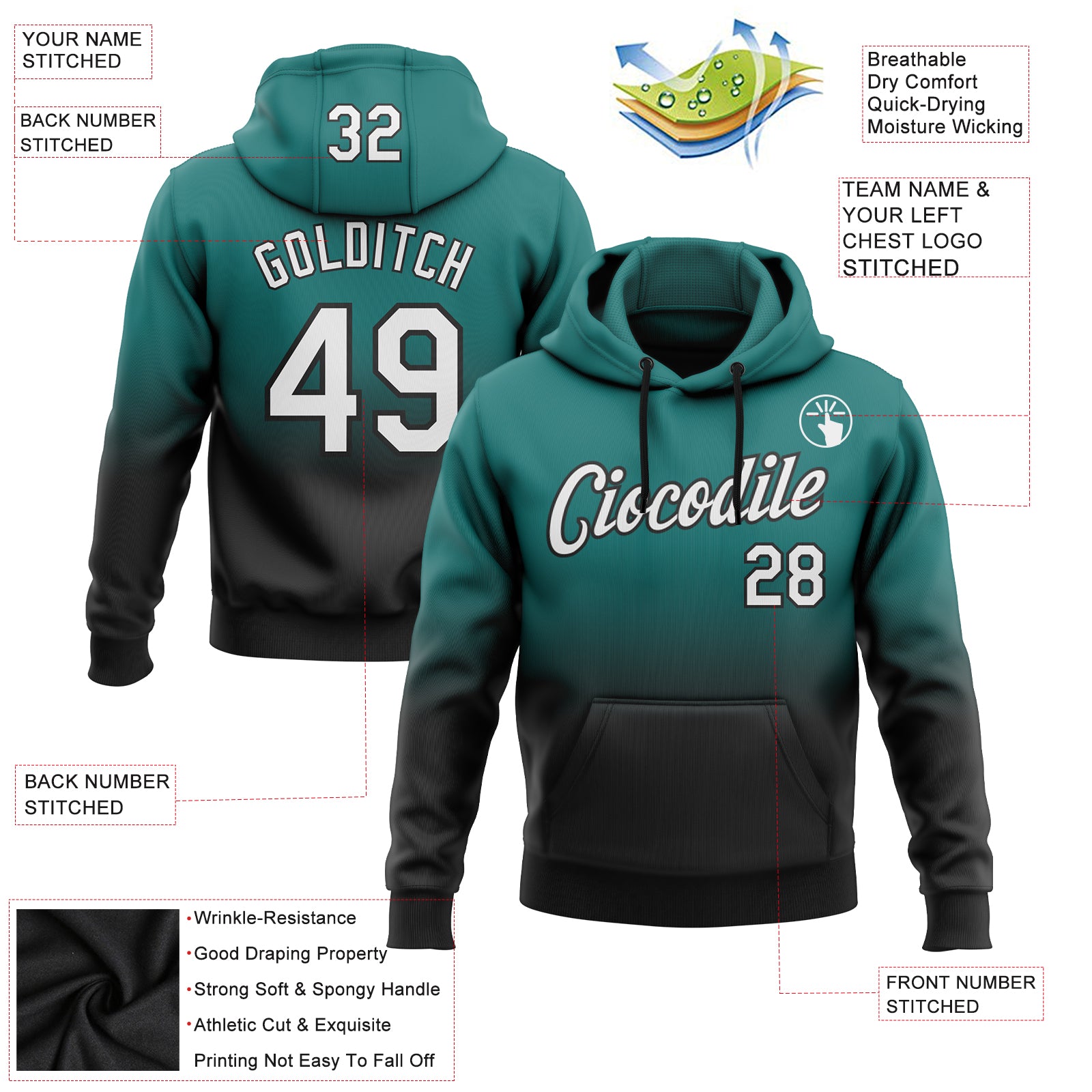 Custom Stitched Teal White-Black Fade Fashion Sports Pullover Sweatshirt Hoodie