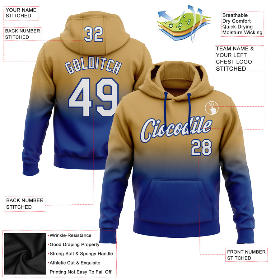 Custom Stitched Old Gold White-Royal Fade Fashion Sports Pullover Sweatshirt Hoodie