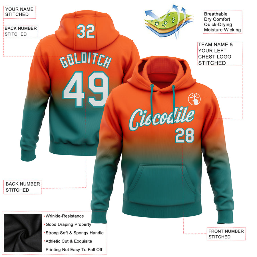 Custom Stitched Orange White-Teal Fade Fashion Sports Pullover Sweatshirt Hoodie