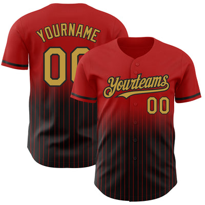 Custom Red Pinstripe Old Gold-Black Authentic Fade Fashion Baseball Jersey