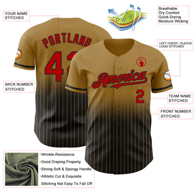 Custom Old Gold Pinstripe Red-Black Authentic Fade Fashion Baseball Jersey