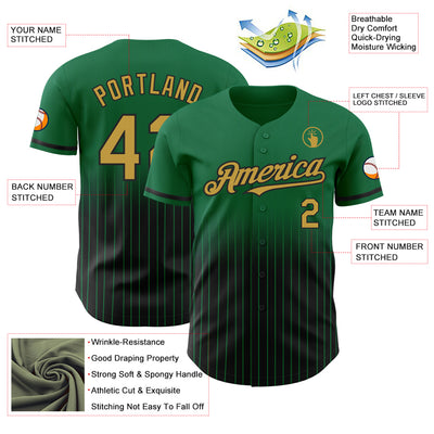 Custom Kelly Green Pinstripe Old Gold-Black Authentic Fade Fashion Baseball Jersey