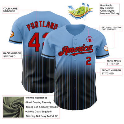 Custom Light Blue Pinstripe Red-Black Authentic Fade Fashion Baseball Jersey