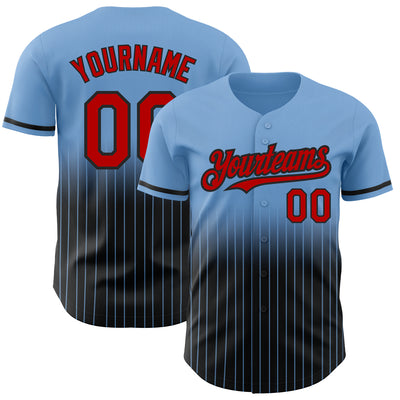 Custom Light Blue Pinstripe Red-Black Authentic Fade Fashion Baseball Jersey